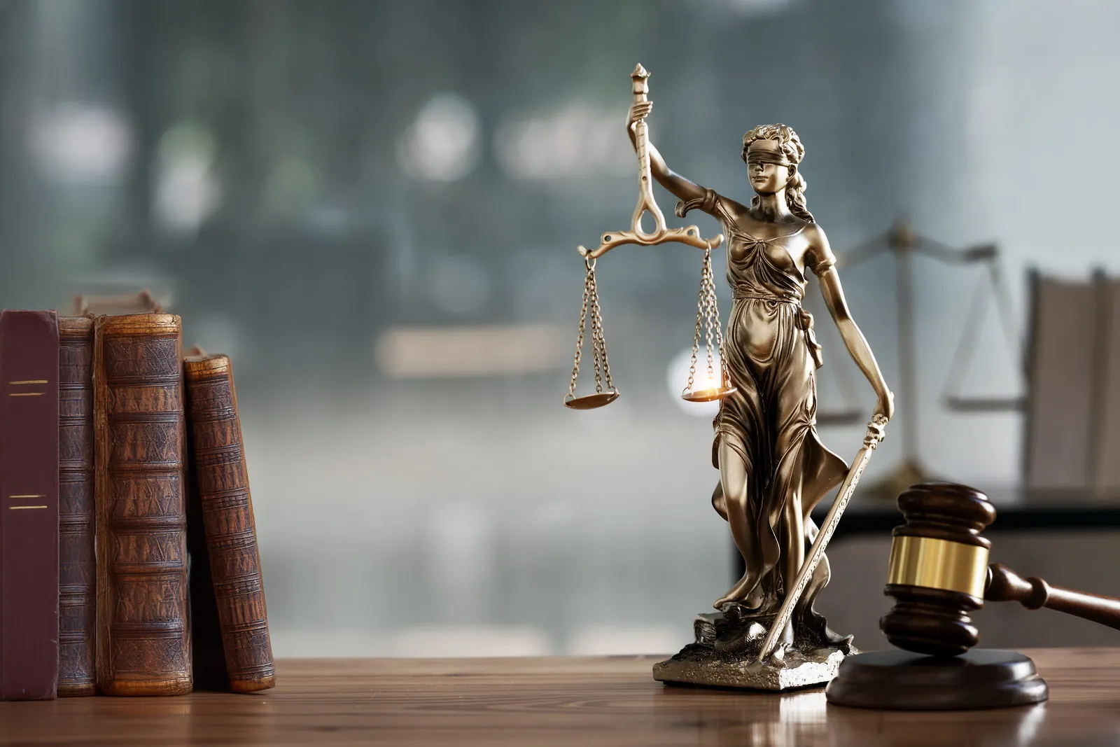 A statue of Lady Justice beside a gavel and law books
